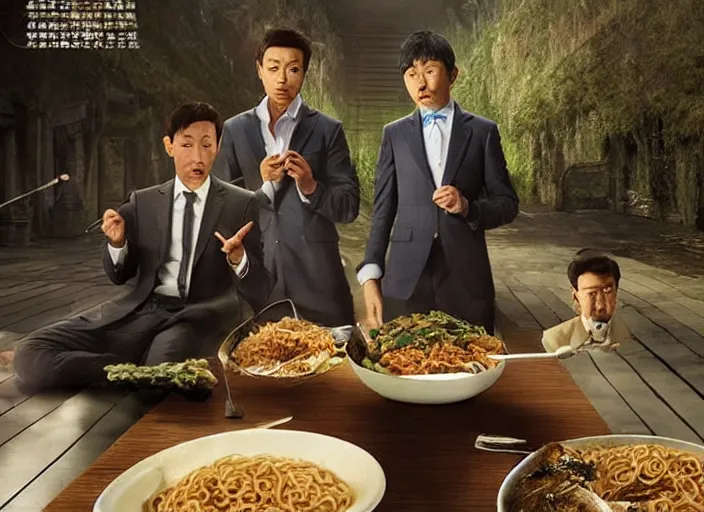 Image similar to a very high resolution image from a new movie, two deer wearing suits are eat instant noodles in a shabby temple directed by zhangke jia