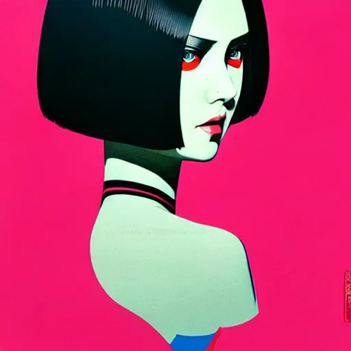Prompt: woman with bobcut haircut with friendly eyes and slim features looking askance, underground box office hit, satire and seventies italian horror movie, intricate, ultra detailed 8 k, best, cool, extremely beautiful and aesthetic shape of face and neck, art by hiroaki samura and ilya kuvshinov and rossdraws and andy warhol, inverted