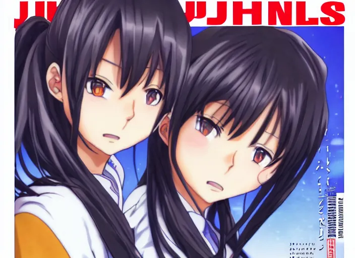 Image similar to ;Weekly Shonen Jump Issue 14, cover, 2000 clannad shuffle toheart event'anime illustration japanese very very beautiful cute girls doing cute things trending on artstation pixiv makoto shinkai smiling super detailed eyes eyebrowless symmetry face visual novel hairpin star