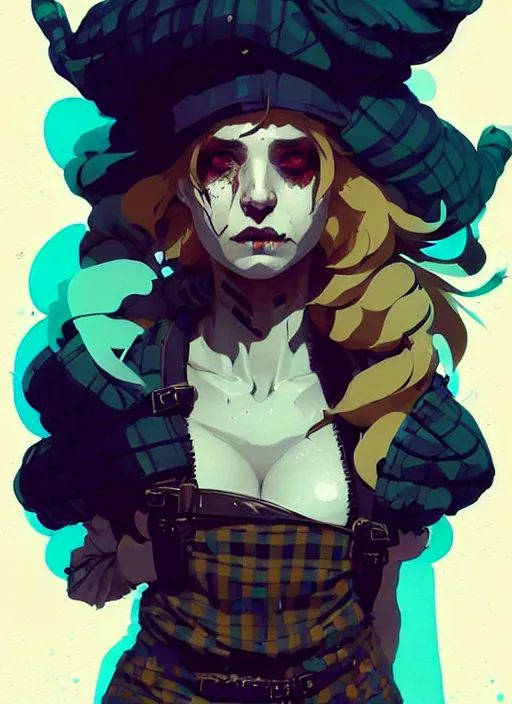 Image similar to highly detailed closeup portrait of a sewer punk rogue lady, tartan vestments, blonde hair by atey ghailan, by greg rutkowski, by greg tocchini, by james gilleard, by joe fenton, by kaethe butcher, gradient, blue, black, brown and cream color scheme, grunge aesthetic!!! white graffiti tag wall background