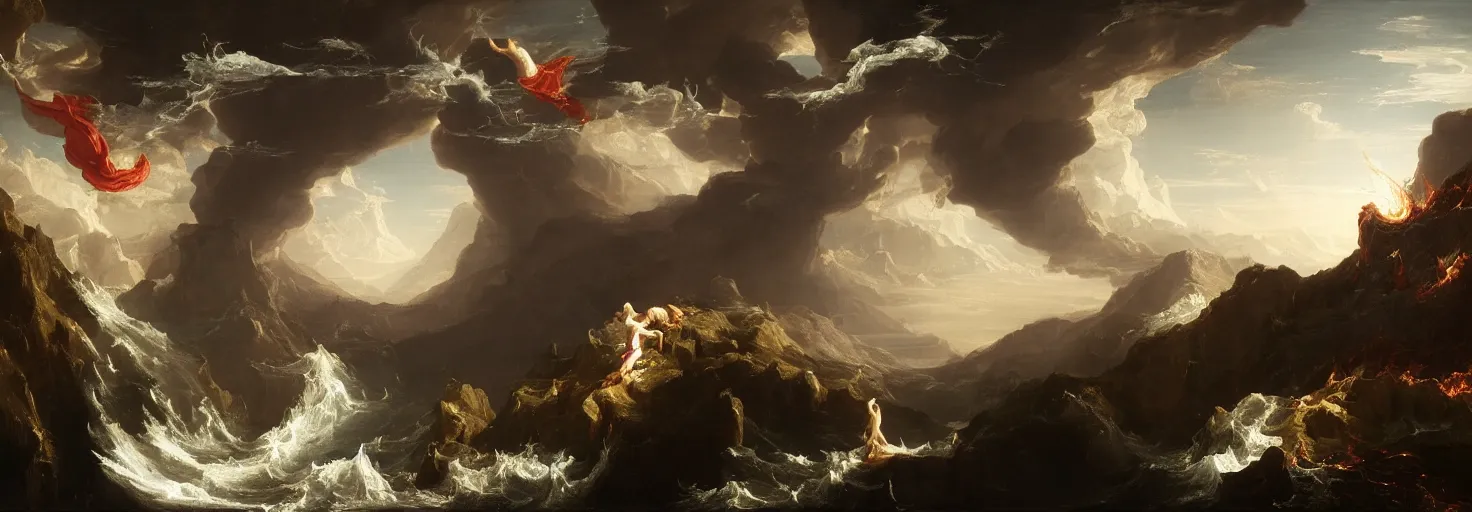 Prompt: an awe-inspiring thomas cole digital art landscape painting of Icarus crashing and burning while his father Daedalus looks on in disbelief, unreal engine, 4k, matte