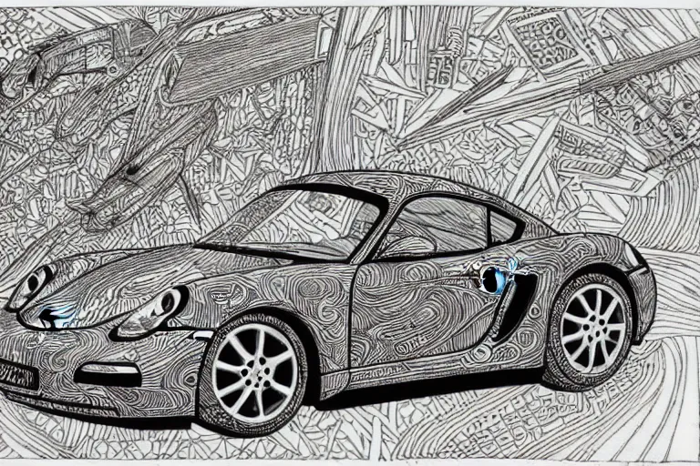 Prompt: a black and white drawing of a porsche cayman, a detailed mixed media collage by hiroki tsukuda and eduardo paolozzi and moebius, intricate linework, sketchbook psychedelic doodle comic drawing, geometric, street art, polycount, deconstructivism, matte drawing, academic art, constructivism