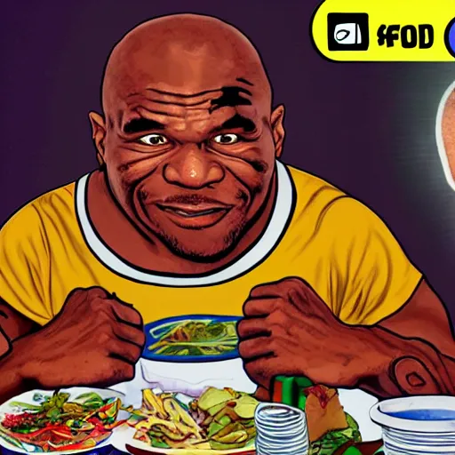 Prompt: mike tyson mukbang, hyperrealistic, garbage pail kids