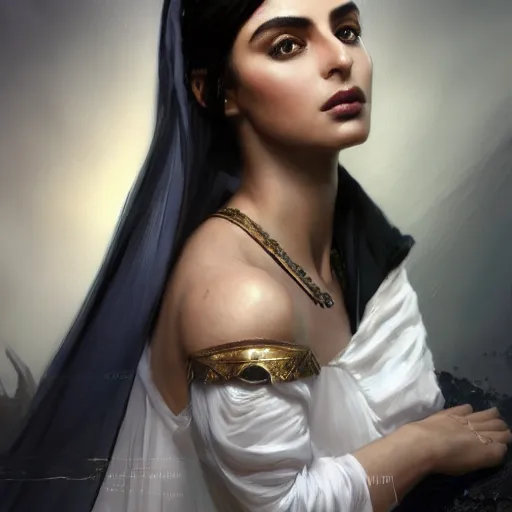 Image similar to a Photorealistic dramatic hyperrealistic render of greek arab ameera al taweel, blue eyes, wavy black hair, white veil,by WLOP,Artgerm,Greg Rutkowski,Alphonse Mucha, Beautiful dynamic dramatic dark moody lighting,shadows,cinematic atmosphere,Artstation,concept design art,Octane render,8K