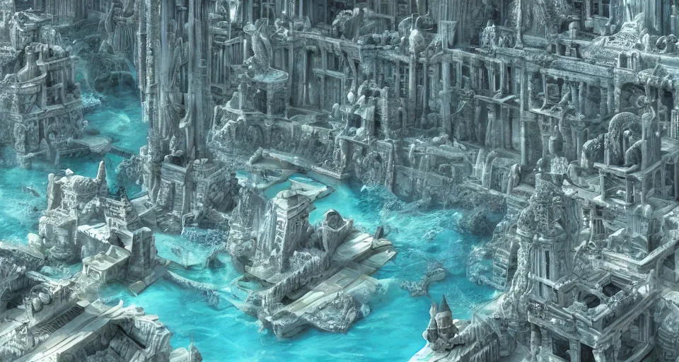 Prompt: the lost city of Atlantis, underwater, far view, fully built buildings, white marble, hyper detailed, 4K