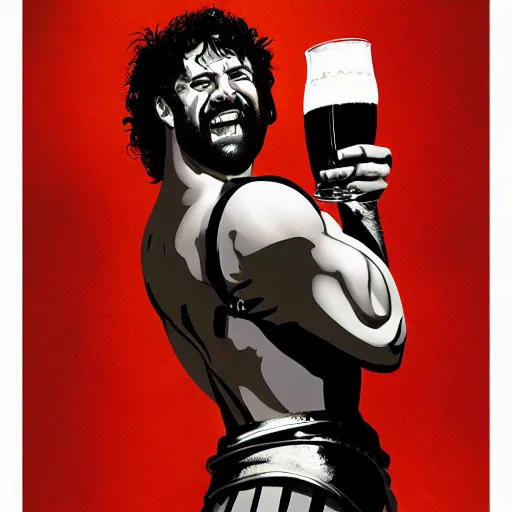 Prompt: a happy roman gladiator holding beer glass. gladiator. smiling. art by martin ansin, martin ansin artwork. portrait.