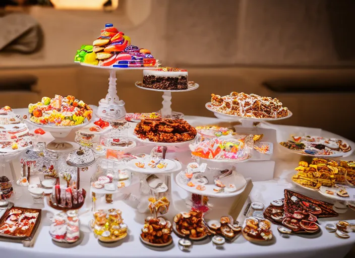 Prompt: a table with a white map full of sweets and bite sized deserts. highly detailed 8 k. intricate. nikon d 8 5 0 3 0 0 mm. award winning photography.