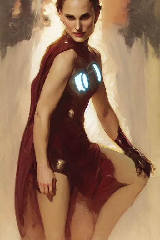 Image similar to elegant portrait of natalie portman as iron man by greg manchess, mucha, william adolphe bouguereau