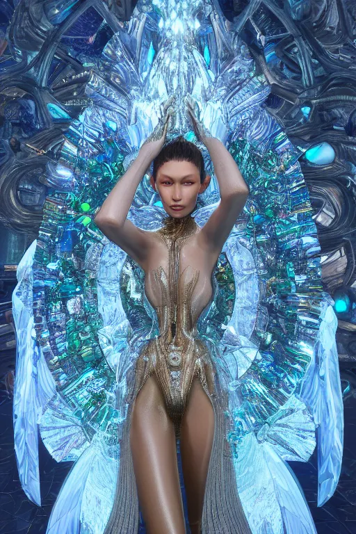 Image similar to a highly detailed metahuman 4 k render close up of an angelic alien goddess bella hadid in iris van herpen dress schiaparelli in diamonds swarovski and jewelry in style of alphonse mucha trending on artstation made in unreal engine 4