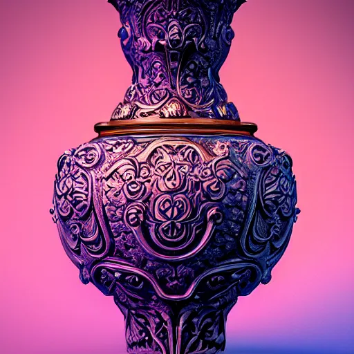 Image similar to An ornate baroque vase, violet, cerulean, sky blue, gold, silver, white black, volumetric dust rays, intricate detail, ultra realistic, cinematic lighting, moody, wet, shiny, octane render, art gallery