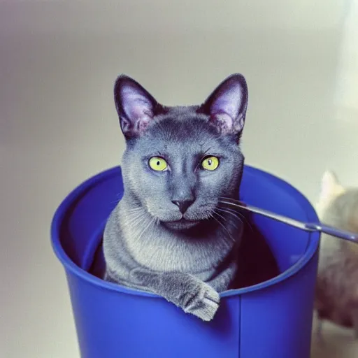 Image similar to Portra 400 a russian blue cat sitting on top of a german sheppherd in a space toilet