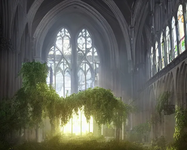 Prompt: Overgrown cathedral interior, broken windows, mild god rays, epic scale, cinematic lighting, dense vines hanging down from the high ceiling, digital art, trending on Artstation and Behance