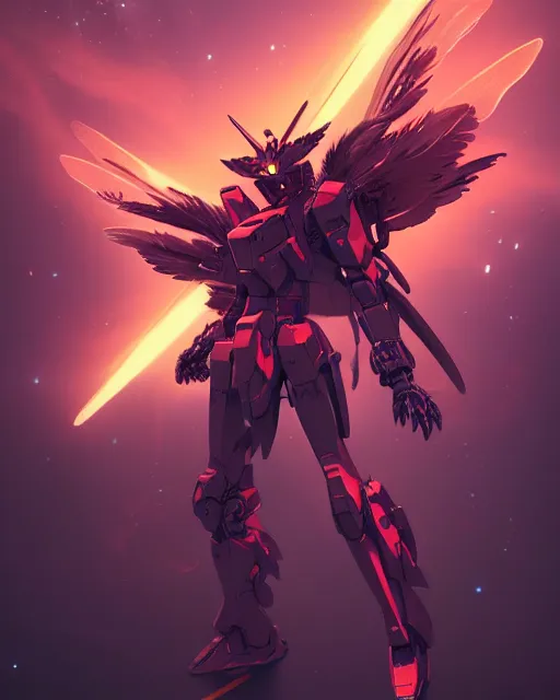 Image similar to highly detailed vfx portrait of an demonic gundam with wings of feathers beam saber fighting in space with a beam gun, unreal engine, greg rutkowski, loish, rhads, beeple, makoto shinkai and lois van baarle, ilya kuvshinov, rossdraws, tom bagshaw, alphonse mucha, global illumination, detailed and intricate environment