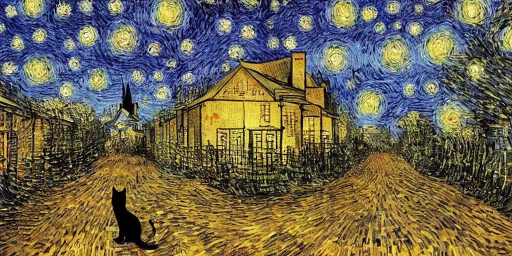Image similar to cat walking down a long tree lined avenue with a small cottage at the far end, it is night and the sky looks like van gogh starry night, style of dave mckean illustration, collage