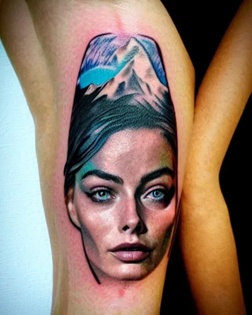 Image similar to creative double exposure effect tattoo design sketch of margot robbie face blended in beautiful mountain scenery, realism tattoo, in the style of matteo pasqualin, amazing detail, sharp