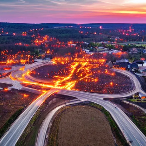 Image similar to birds eye view of a small town in pennsylvania with a gate to hell opening in the middle of it, high resolution photograph, intense, dawn light