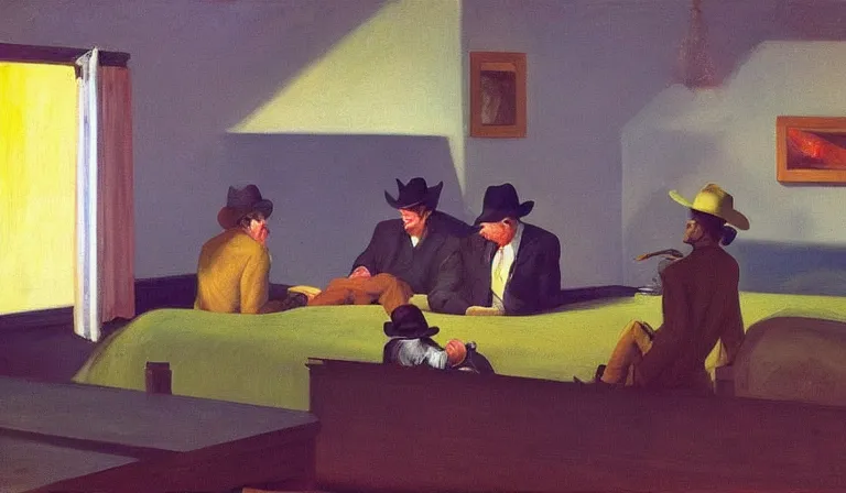 Image similar to Bodacious cowboys such as your friends will never be welcome here high in the clusterdome, by Edward Hopper