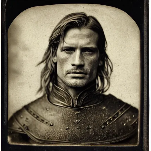 Image similar to tintype photo of jaime lannister, wearing armor, by julia margaret cameron 1 8 8 0 s, realistic, body shot, sharp focus, 8 k high definition, insanely detailed, intricate, elegant