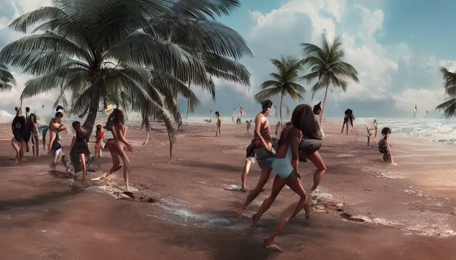 Prompt: people on miami beach fleeing after watching tsunami coming at them, hyperdetailed, artstation, cgsociety, 8 k