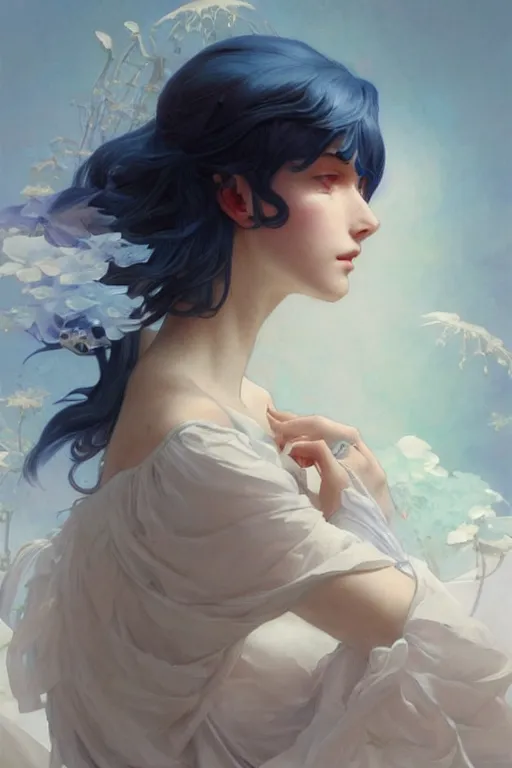 Image similar to perfect blue, dreamy and ethereal,, fantasy, intricate, elegant, highly detailed, digital painting, artstation, concept art, smooth, sharp focus, illustration, art by artgerm and greg rutkowski and alphonse mucha