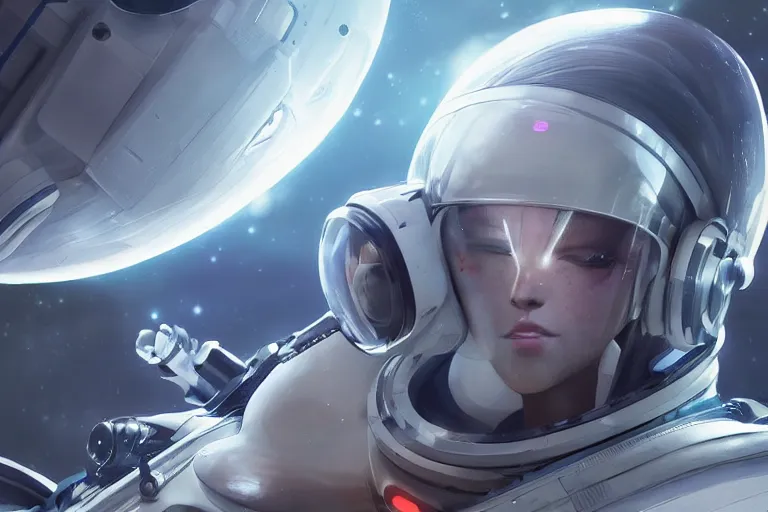 Prompt: futuristic astronaut chasing a distant spaceship Anime, wide angle, fine details, cinematic. galaxy starscape. realistic shaded lighting by Ilya Kuvshinov Giuseppe Dangelico Pino and Michael Garmash and Rob Rey greg rutkowski, octane render, IAMAG premiere, aaaa achievement collection, elegant freckles, cinematic hologram, fabulous, daily deviation, annual award winner