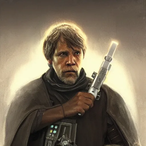 Image similar to portrait of a man by Greg Rutkowski, Commander Luke Skywalker from Star Wars Expanded Universe, he is about 60 years old, beard, wearing tactical gear of the Galactic Alliance, highly detailed portrait, digital painting, artstation, concept art, smooth, sharp foccus ilustration, Artstation HQ