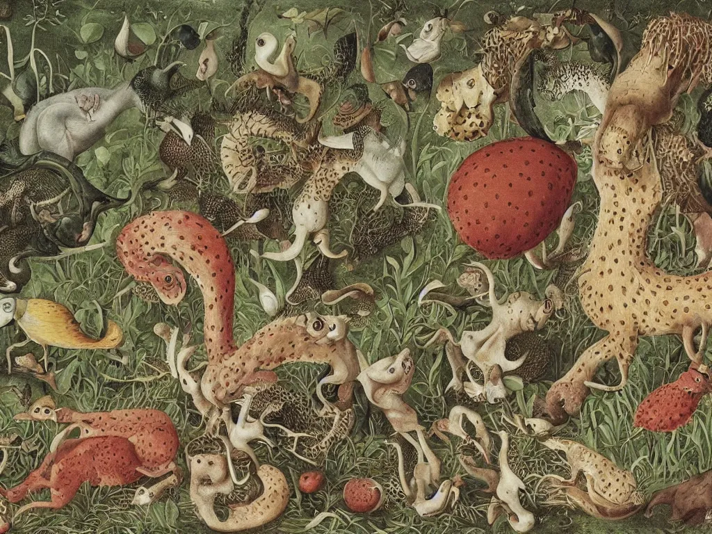 Image similar to unspeakable animal. painting by bosch, maria sybilla merian, codex seraphinianus