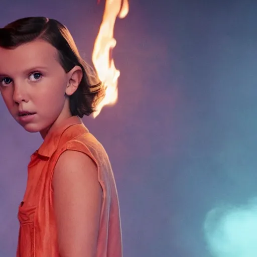 Prompt: Millie Bobby Brown on fire cinematic