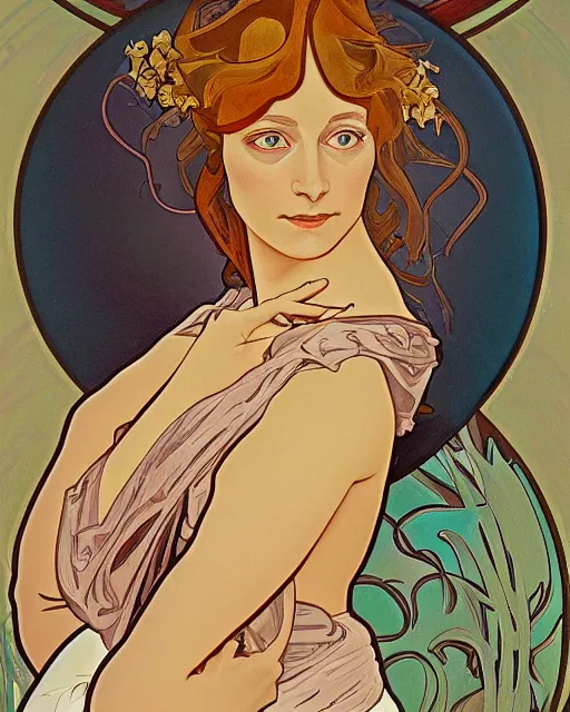 Image similar to a portrait painting of ( ( ( tilda swindon ) ) ) in the style of alphonse mucha!!!