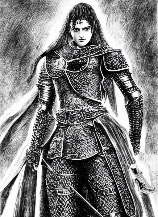 Image similar to Alexandra Daddario as a knight, highly detailed, black and white, manga, art by Kentaro Miura