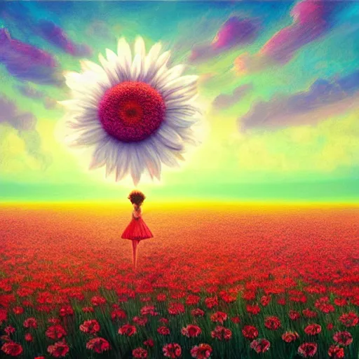 Image similar to giant daisy flower as head, girl ballet dancing in a flower field, surreal photography, sunrise, dramatic light, impressionist painting, colorful clouds, digital painting, artstation, simon stalenhag