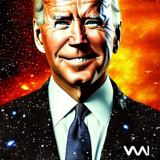 Image similar to joe biden portrait made out of galaxies, beautiful, cyborg, cinematic comic book art, realistic, highly detailed, octane render