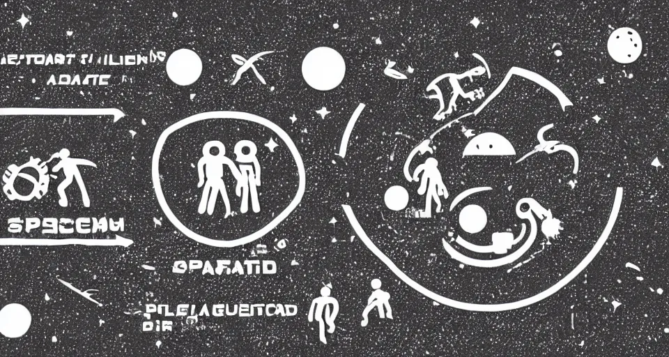 Prompt: a pictogram describing space found on an alien planet written in alien language