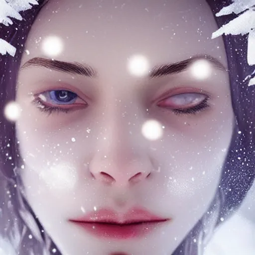 Image similar to pretty snowflakes morphing coalescing into face. artstation award cgsociety