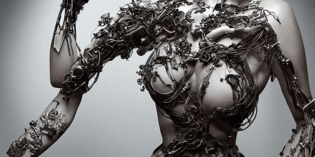 Image similar to hyper realistic photography of a stunningly beautiful cyborg female, plated arm, intimate, chest, holding close, ribbons, in the style of beth cavener, jin kagetsu,, and wlop, highly detailed, intricate filigree, symmetry, masterpiece, award winning, sharp focus, concept art, highkey lighting, ambient lighting, octane render, 8 k, artstation