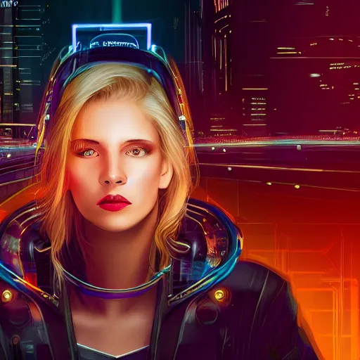 Prompt: panorama of a pretty blond cyberpunk seraphim in a machine city, perfect symmetrical face, cute face, 8 k, shallow depth of field, 8 k, ultra high detail, concept art, w 1 0 2 4