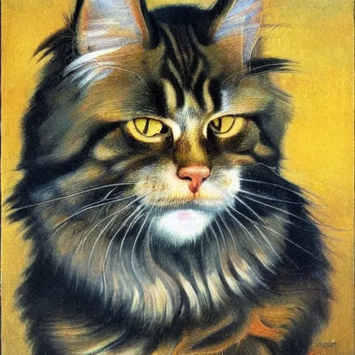 Image similar to soviet painting of ginger maine coon with white beard by isaak brodsky, walter womacka, czeslaw znamierowski, vladimir pchelin, kuzma petrov - vodkin, igor berezovsky