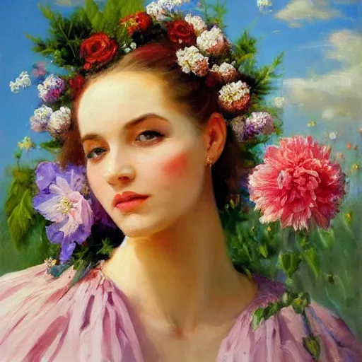 Image similar to a portrait of a romantic woman with flowers grow out of hair, roses peonies forget-me-nots dahlias lupins gladioli, sky theme in background, by Alexandr Averin, Digital Art, Trending on artstation