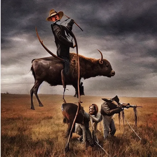 Image similar to incredible modern evocative sentimental artwork of buffalo hunters, buffalo emotion midnight in the style of tim walker fashion photography, buffalos hunting hunters, larger than life