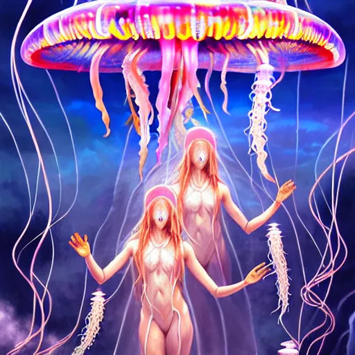 Image similar to A painting of priestesses worshipping at the jellyfish temple, shrouded in mist, jellyfish god, jellyfish priestess, jellyfish shrine maiden, 8K, illustration, art by Artgerm and Justin Cheung and Gabriele Dell'Otto, smoke, undersea temple with fish, cinematic, insanely detailed and intricate, hypermaximalist, elegant, super detailed, award-winning, mauve and cinnabar and cyan, rainbow accents, mysterious, ancient, ritual, trending in cgsociety, artstation HQ, ornate, elite, haunting, matte painting, beautiful detailed, insanely intricate details, dreamy and ethereal, otherworldly