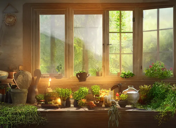 Image similar to interior view of a cluttered herbalist cottage, waxy candles, wood furnishings, herbs hanging, light bloom, dust, ambient occlusion, rays of light coming through windows, oil painting