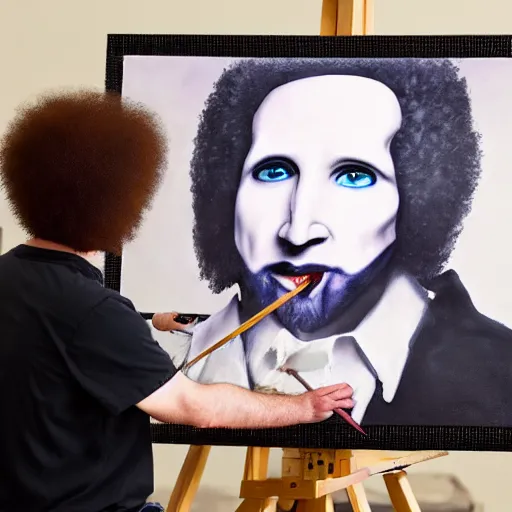 Image similar to a closeup photorealistic photograph of bob ross working on a canvas painting of marilyn manson. happy trees, mountain scape. film still. brightly lit scene. this 4 k hd image is trending on artstation, featured on behance, well - rendered, extra crisp, features intricate detail, epic composition and the style of unreal engine.