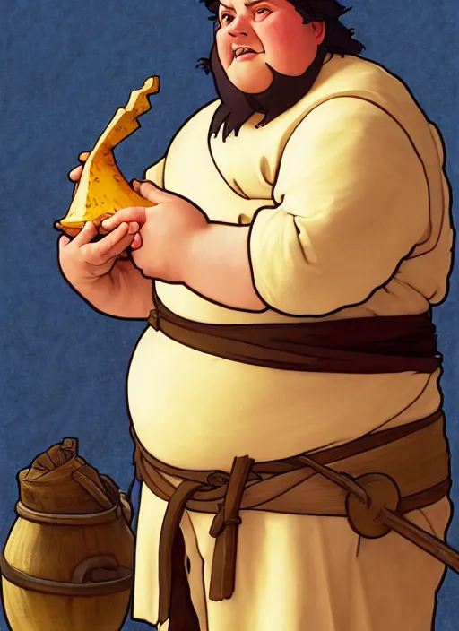 Prompt: dirty, overweight medieval peasant holding ham shank, natural lighting, path traced, highly detailed, high quality, digital painting, by don bluth and ross tran and studio ghibli and alphonse mucha, artgerm