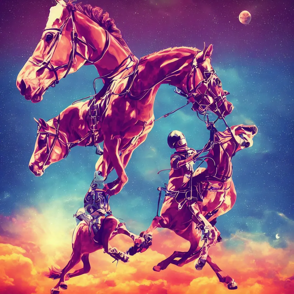 Image similar to a horse riding on an astronaut. synthwave digital art