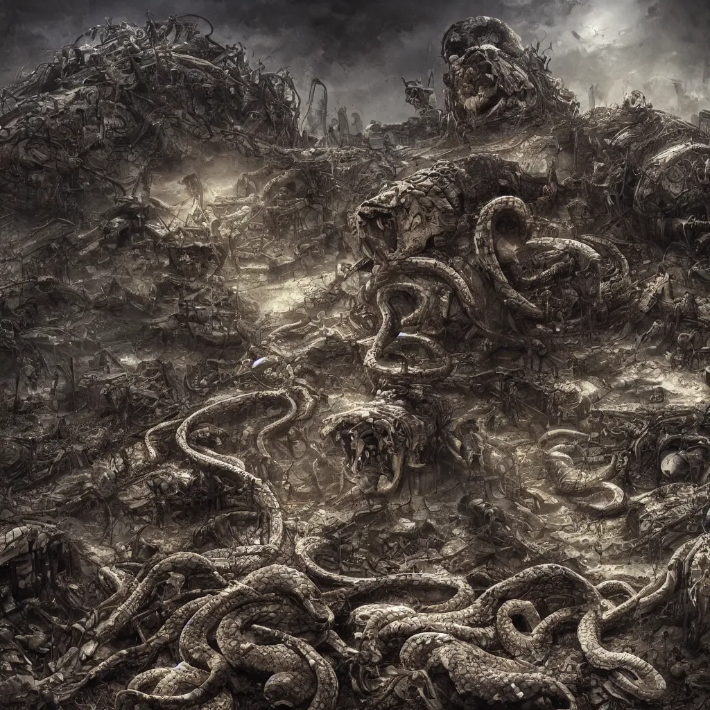 Image similar to snakes crawling from skulls in apocalyptic wasteland, depressing, morbid, surreal, 4 k, digital art, concept art, trending on artstation, highly detailed, epic composition