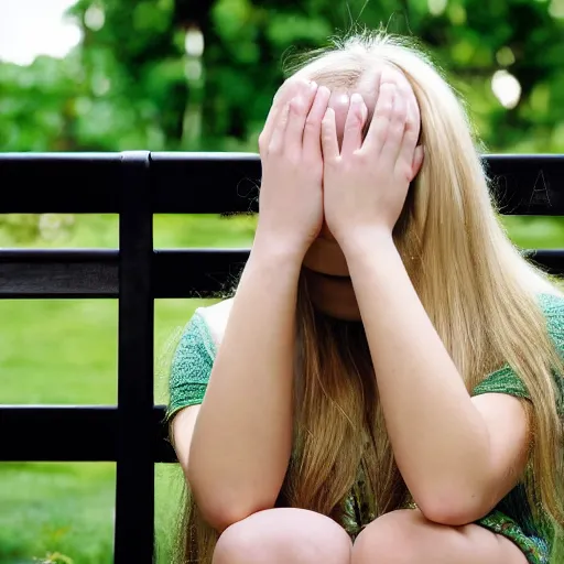 Prompt: a young woman with long blond hair sitting on a green bench with her head in her hands, mark brooks