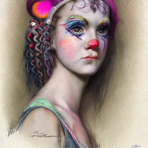 Image similar to clowncore pastel punk young female party goer wearing stylish headband. detailed, portrait, 8 k, artwork by jean - baptiste monge