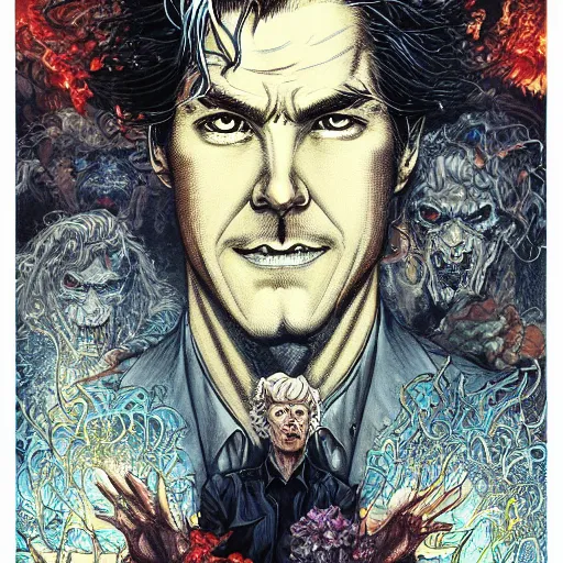 Image similar to portrait of john constantine in hell, symmetrical, by yoichi hatakenaka, masamune shirow, josan gonzales and dan mumford, ayami kojima, takato yamamoto, barclay shaw, karol bak, yukito kishiro