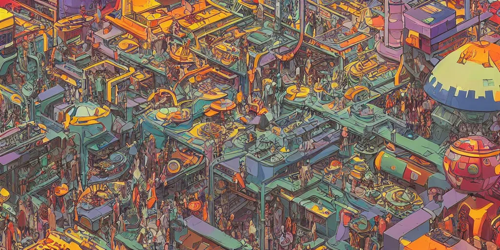 Image similar to a colorful futuristic marketplace, Industrial Star Wars Scifi, detailed illustration, character design, intricate, by Martin Grip, Wes Anderson, hieronymus bosch and Moebius