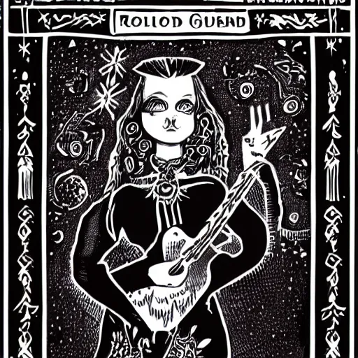 Image similar to black white purple painting on black paper, folkloric illustration , the guitar player , tarot by Andreas Rocha